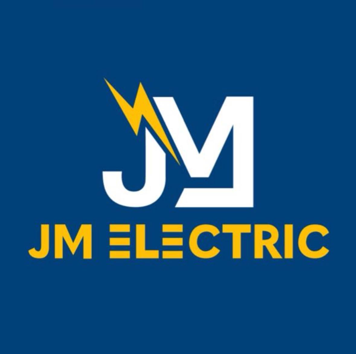 Logo de JM Electric con monograma JM blanco y rayo amarillo sobre fondo azul